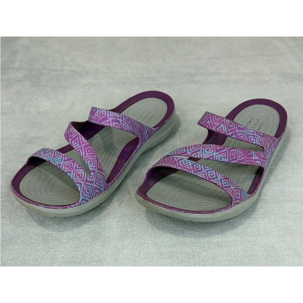 Crocs Womens Swiftwater Sandals Size 9 Purple Geometric Strappy Slides Comfort